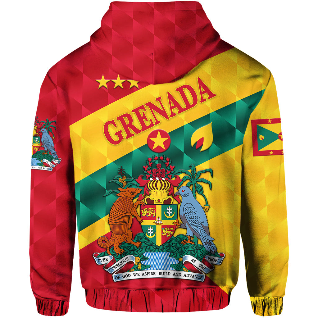 Grenada hoodie back print with red hood, large 'GRENADA' text and emblem