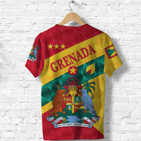 Sporty Grenada graphic T-shirt, back view, red/yellow/green with crest and stars
