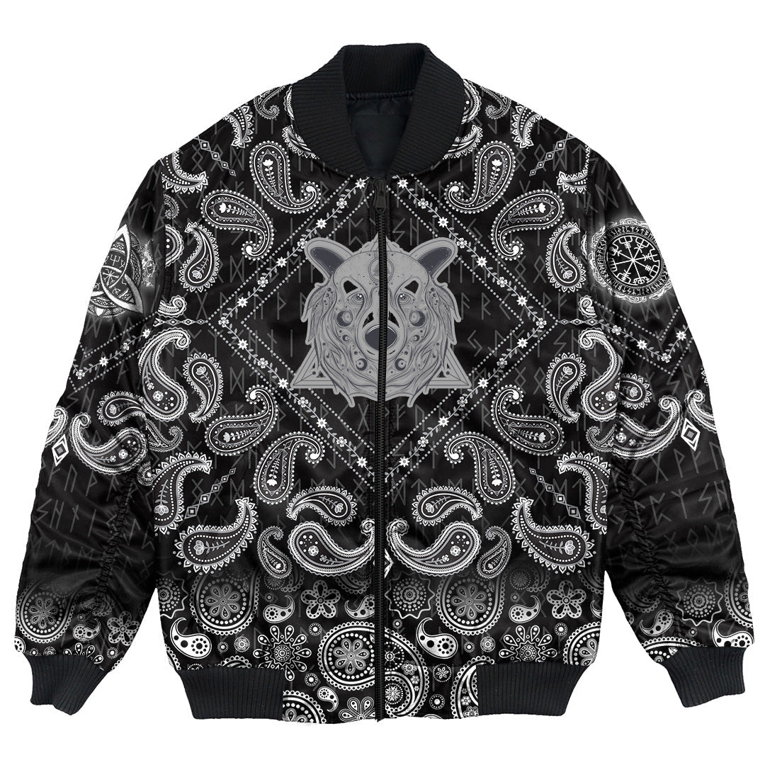 Viking Bomber Jacket Grizzly Bear Head With Ancient Pagan Valknut with Bandana Paisley Style RLT12 - Wonder Print Shop