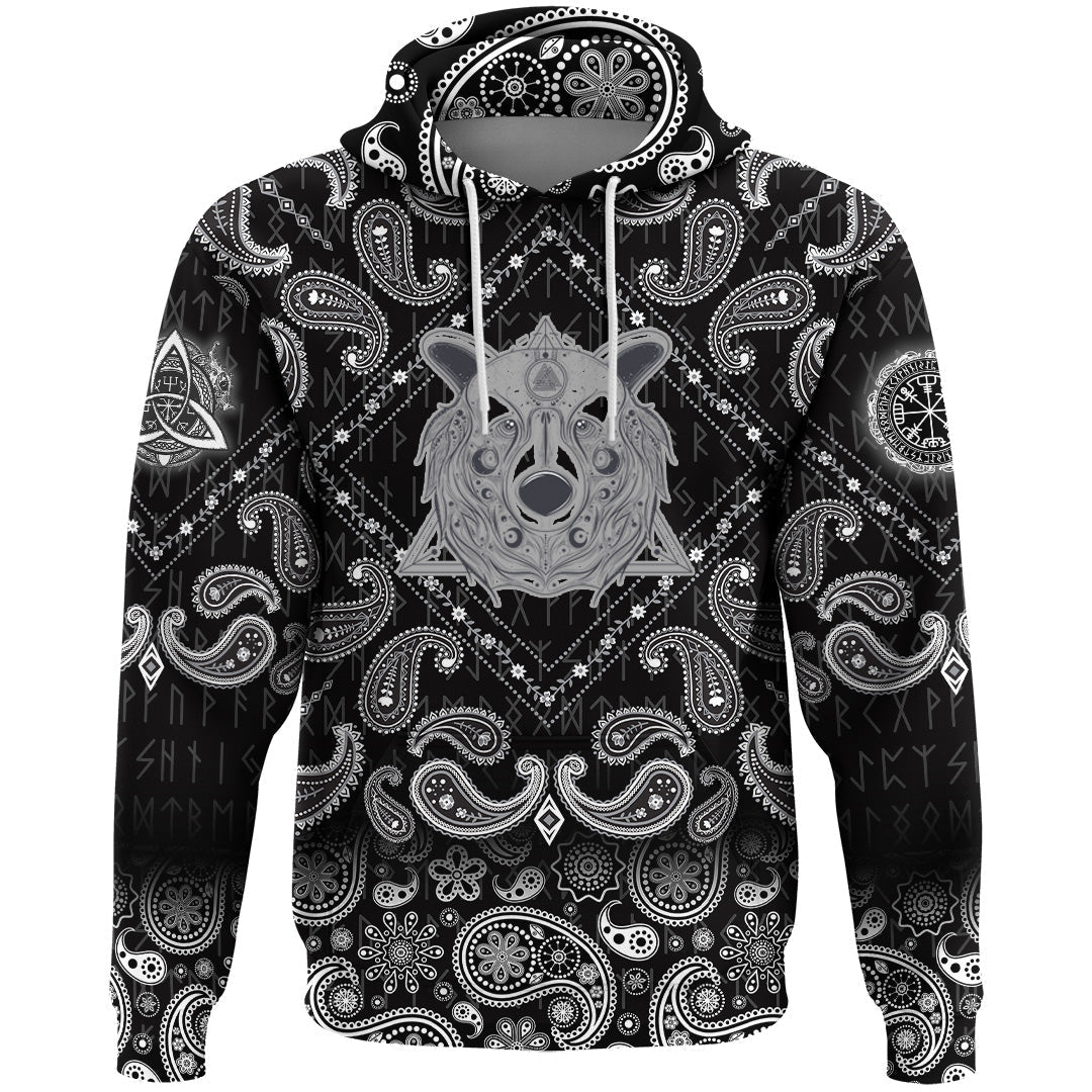 Viking Hoodie Grizzly Bear Head With Ancient Pagan Valknut with Bandana Paisley Style RLT12 - Wonder Print Shop