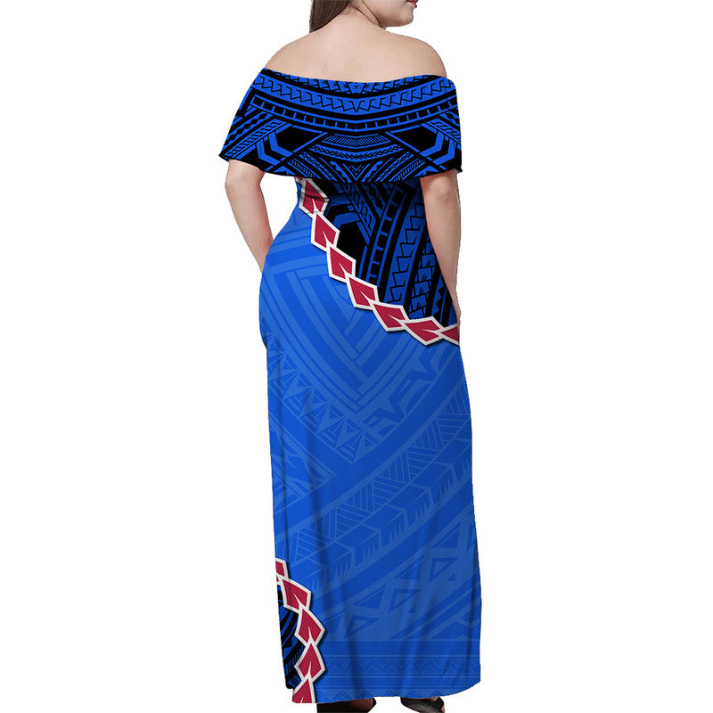 Blue off-shoulder long dress, back view with patterned Guam motif