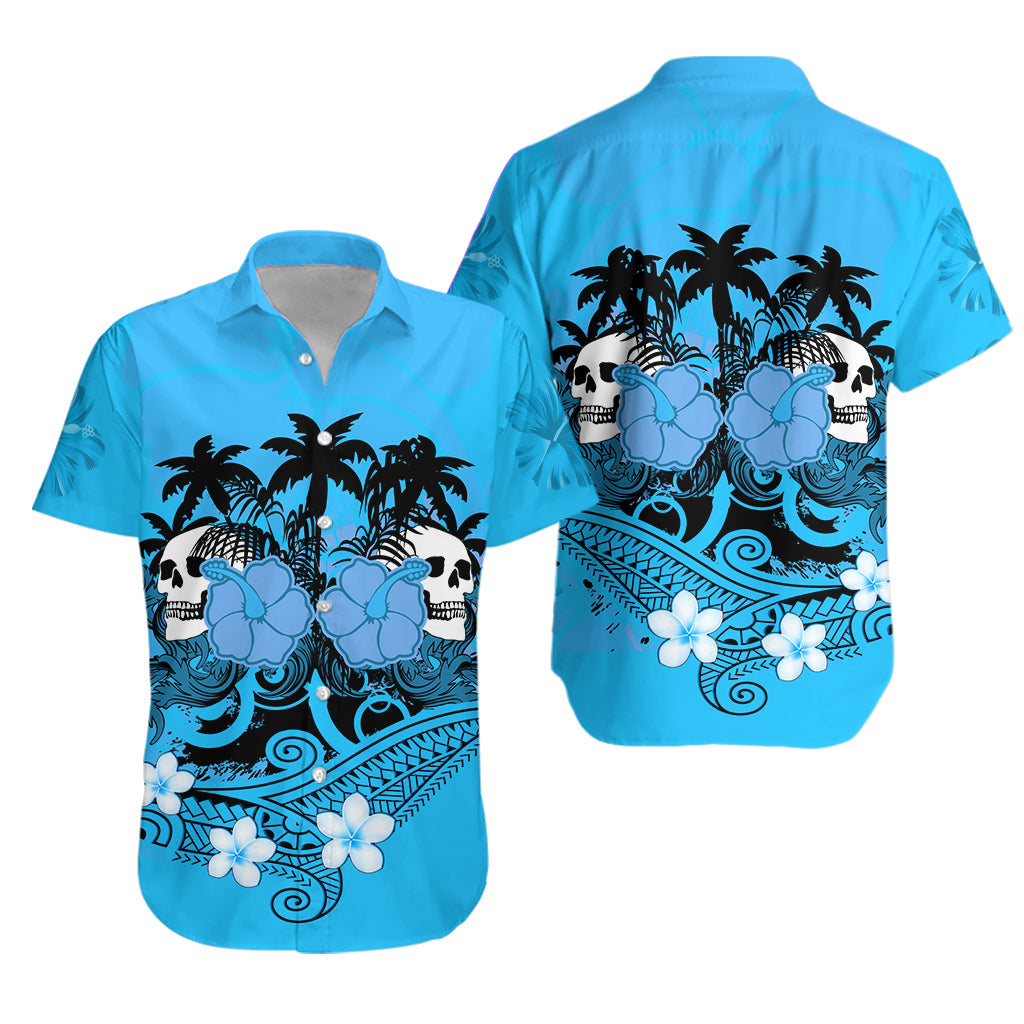 Hawaii Skull Matching Hawaiian Shirt And Dress Mysterious Polynesia and Blue Flowers LT13 - Wonder Print Shop