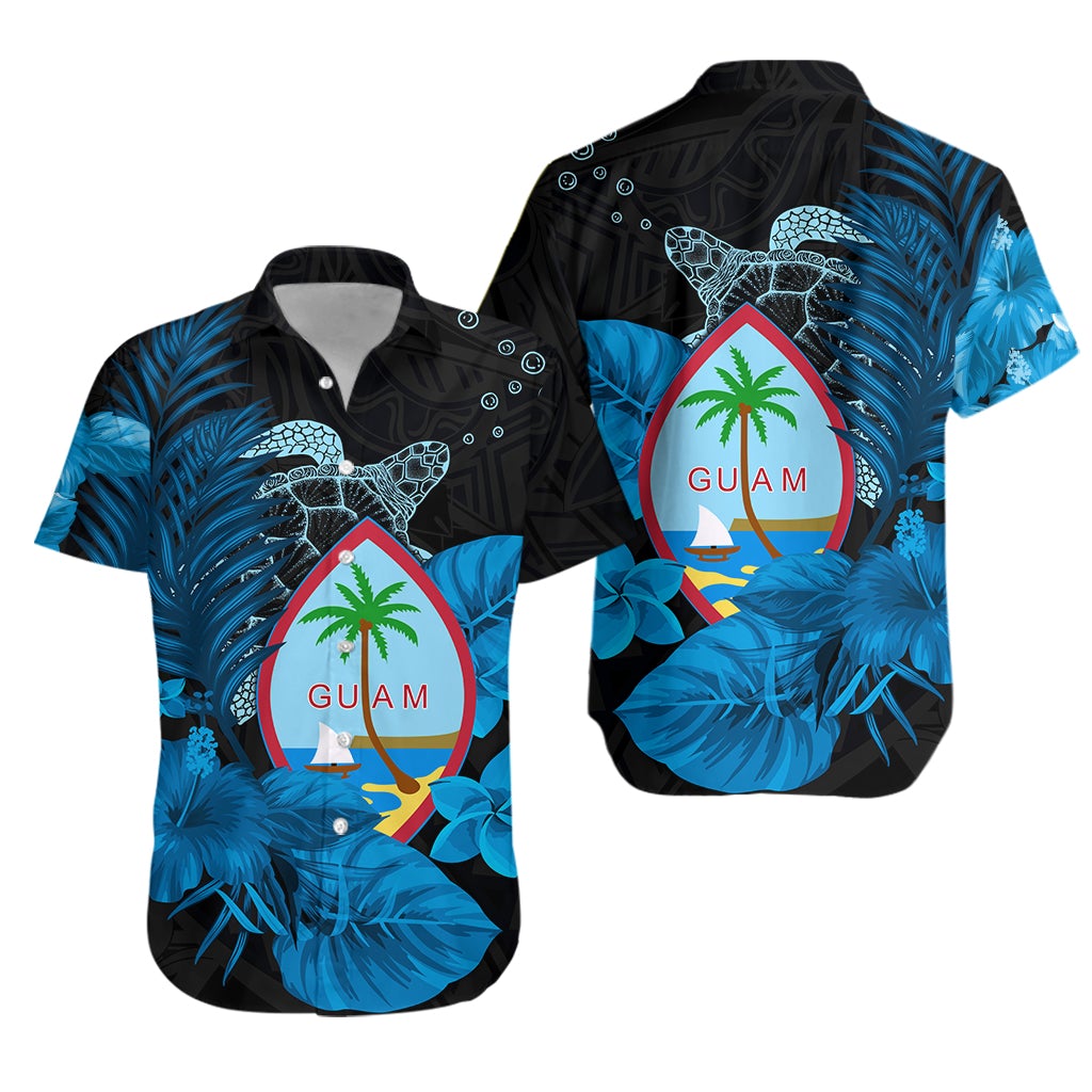 Guam Seal Hawaiian Shirt Polynesian Turtle with Flowers Version Blue LT13 - Wonder Print Shop