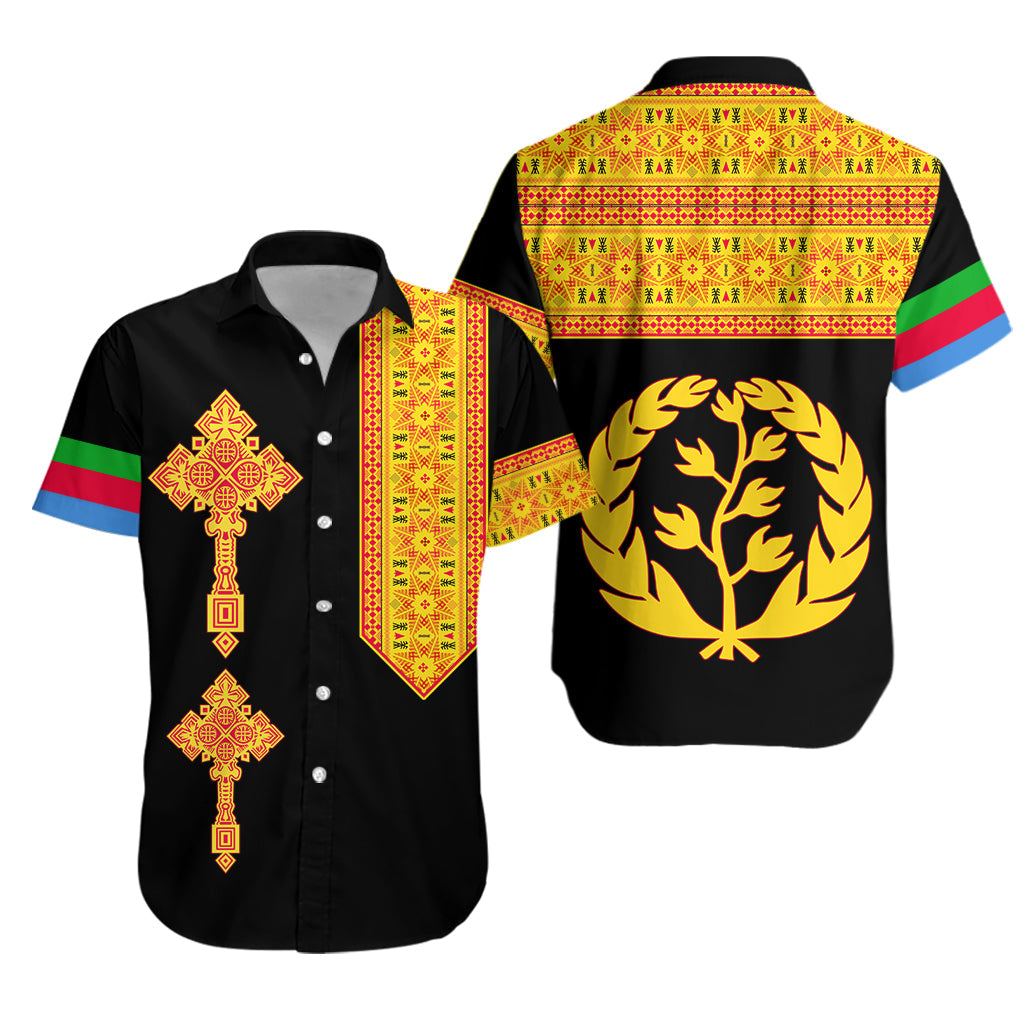 Eritrea Tibeb Hawaiian Shirt Eritrean Cross Mix Flag Version Black LT13 - Wonder Print Shop
