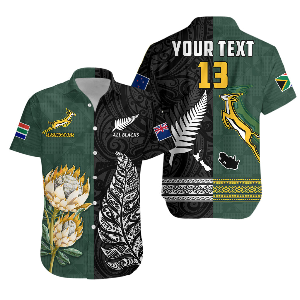 Custom Text and Number South Africa Protea and New Zealand Fern Hawaiian Shirt Rugby Go Springboks vs All Black LT13 - Wonder Print Shop