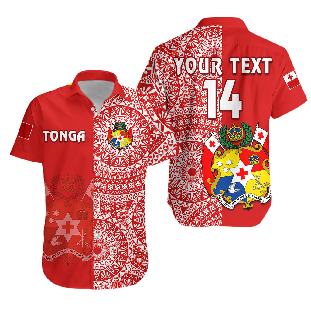 Custom Text And Number Tonga Hawaiian Shirt Tongan Coat Of Arms Ngatu Pattern - Wonder Print Shop
