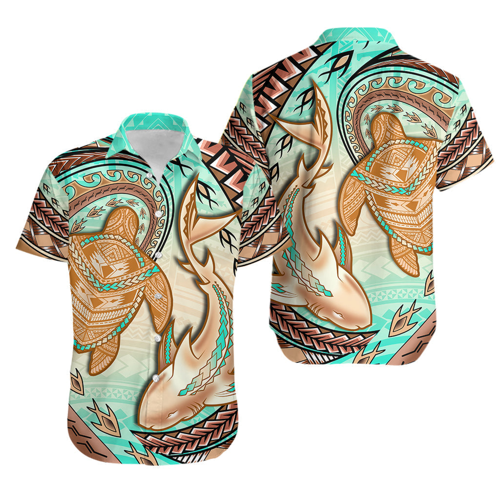 Hawaii Matching Hawaiian Shirt And Dress Polynesian Shark And Sea Turtle Dreamy Turquoise Artsy - Wonder Print Shop