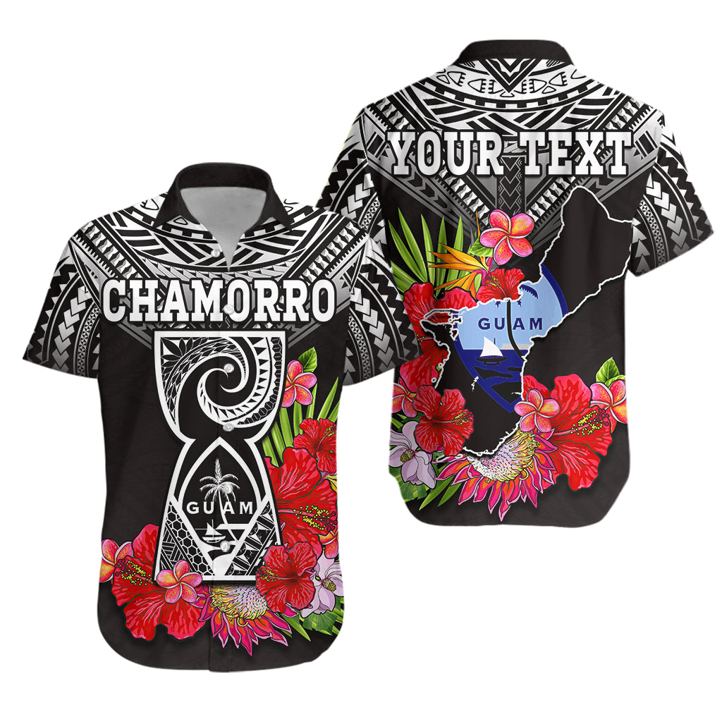 Personalised Guam Chamorro Matching Hawaiian Shirt And Dress Guaman Latte Stone Tropical Flowers Black Version - Wonder Print Shop