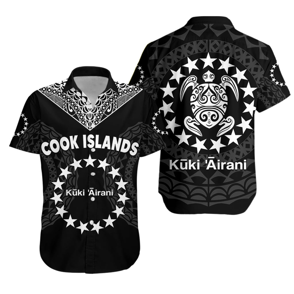 Cook Islands Hawaiian Shirt Circle Pattern Mix Sea Turtle Black Version - Wonder Print Shop
