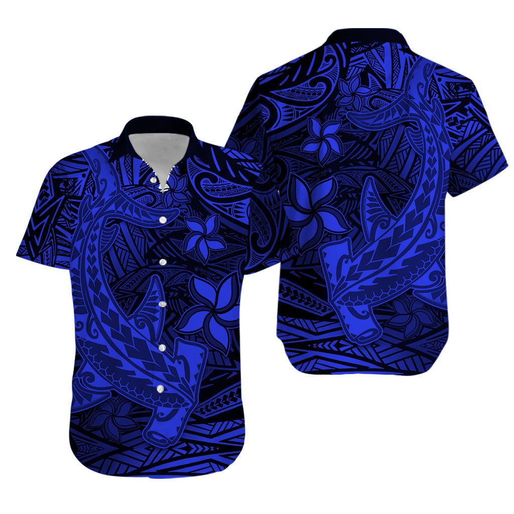 Polynesian Hawaiian Shirt Blue Hawaiian Tribal Hammerhead Shark - Wonder Print Shop