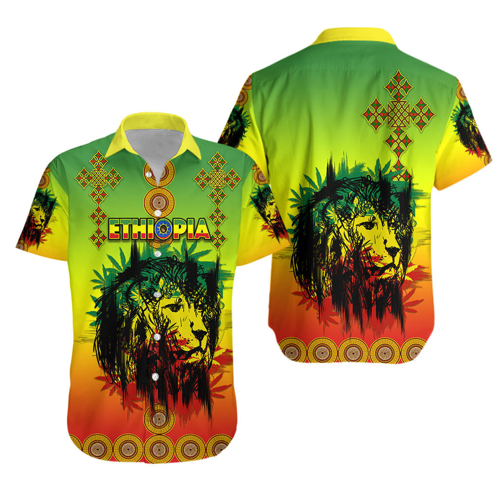 Ethiopia Hawaiian Shirt Cross Mix Lion Colorful Style - Wonder Print Shop