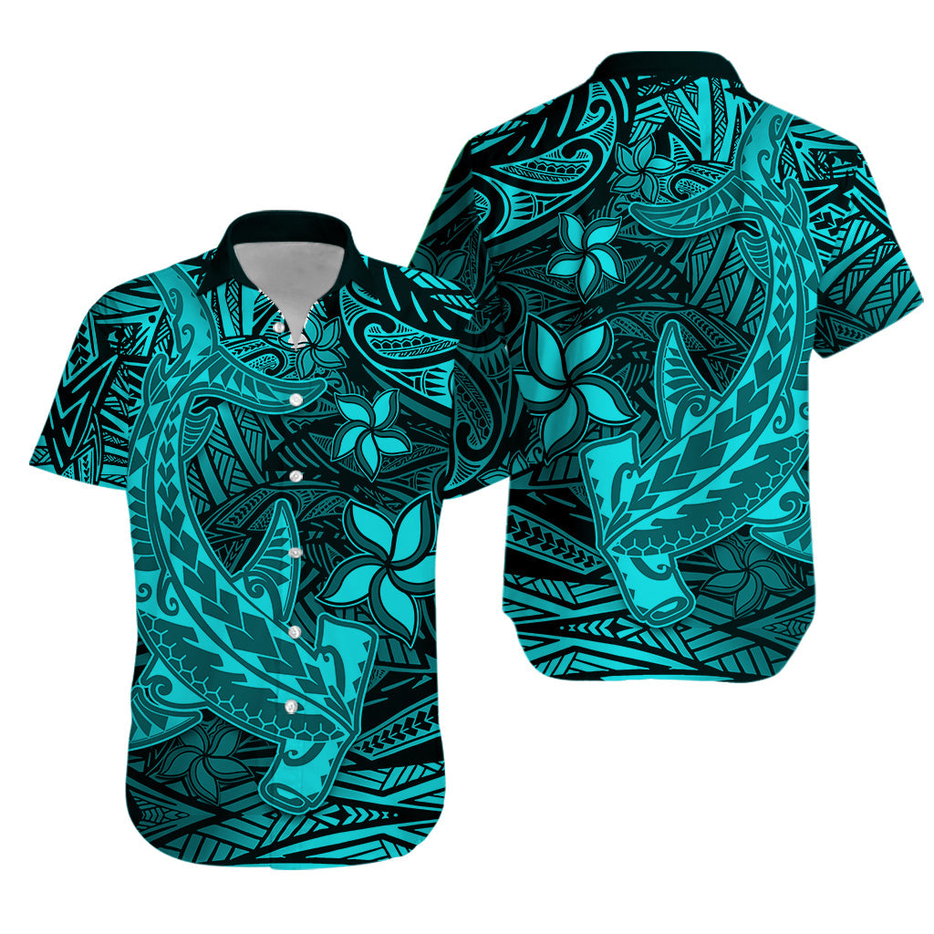 Polynesian Hawaiian Shirt Turquoise Hawaiian Tribal Hammerhead Shark - Wonder Print Shop