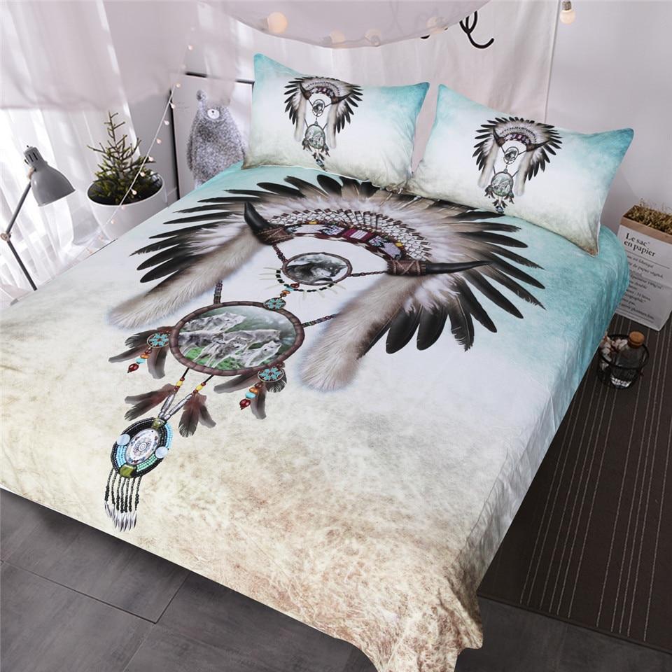Tribal Hat With Wolves Dreamcatcher Native American Bedding Set LT10 - Wonder Print Shop