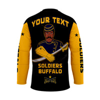 Back of black hockey jersey with yellow helmet soldier, YOUR TEXT, SOLDIERS BUFFALO print