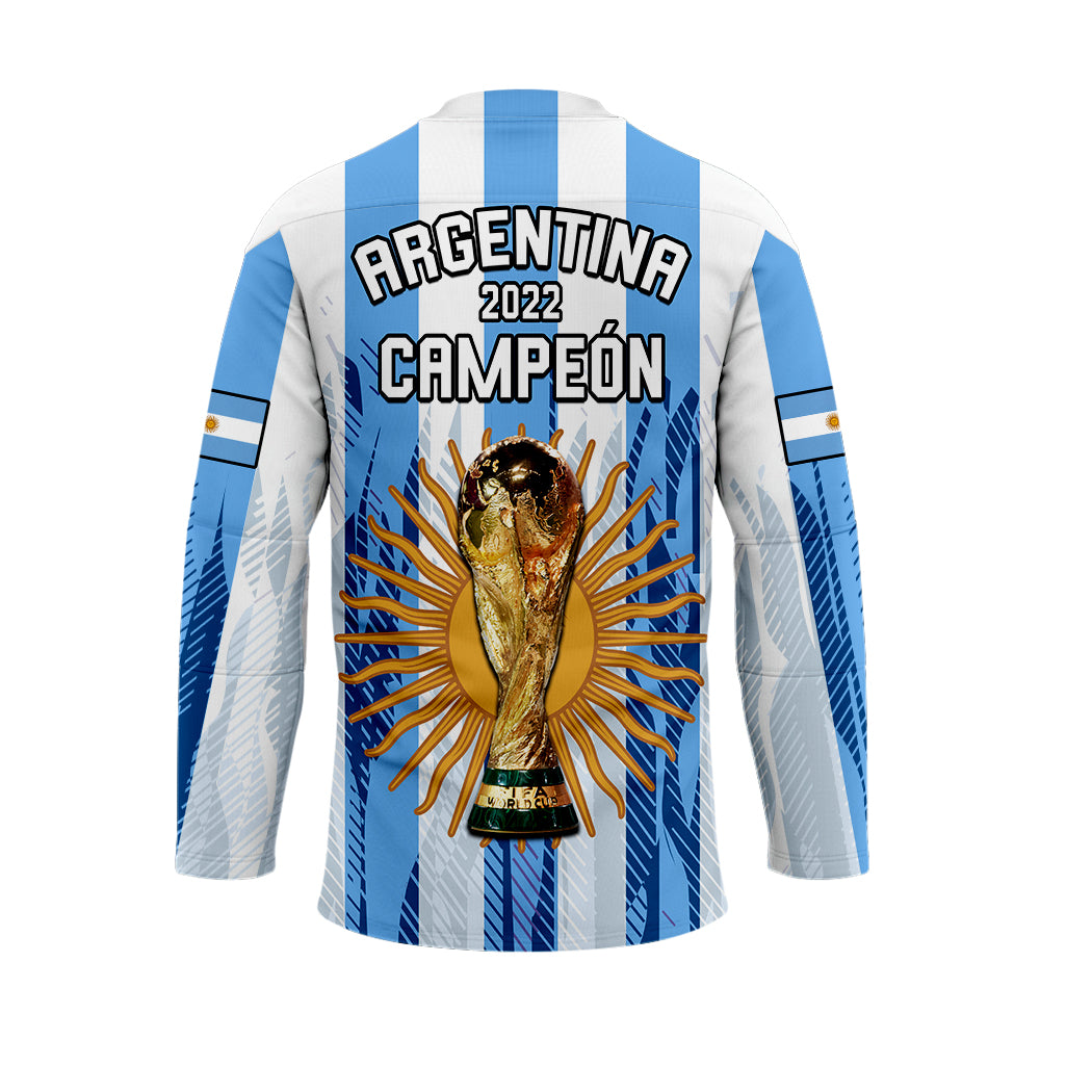 White and blue striped hockey jersey with Argentina Campeon 2022 text and trophy