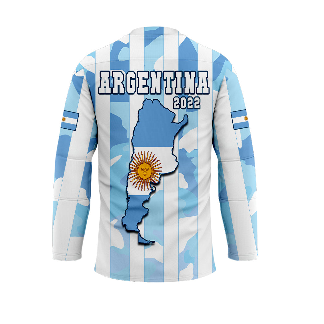 Argentina hockey jersey back, blue-white camo stripes, map graphic and 2022 text
