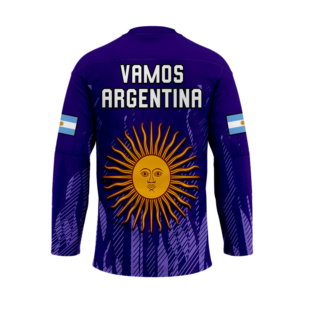 Purple Argentina hockey jersey back with 'VAMOS' text, sun emblem, long sleeves
