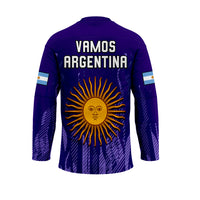 Purple Argentina hockey jersey back with 'VAMOS' text, sun emblem, long sleeves