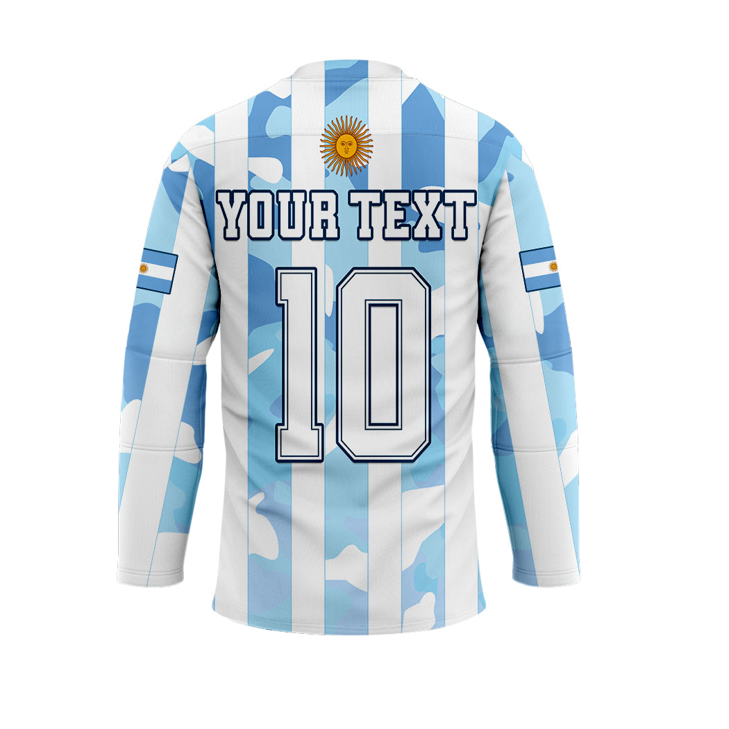 White/blue camo football hockey jersey back with hood, drawstring, 'YOUR TEXT' and 10
