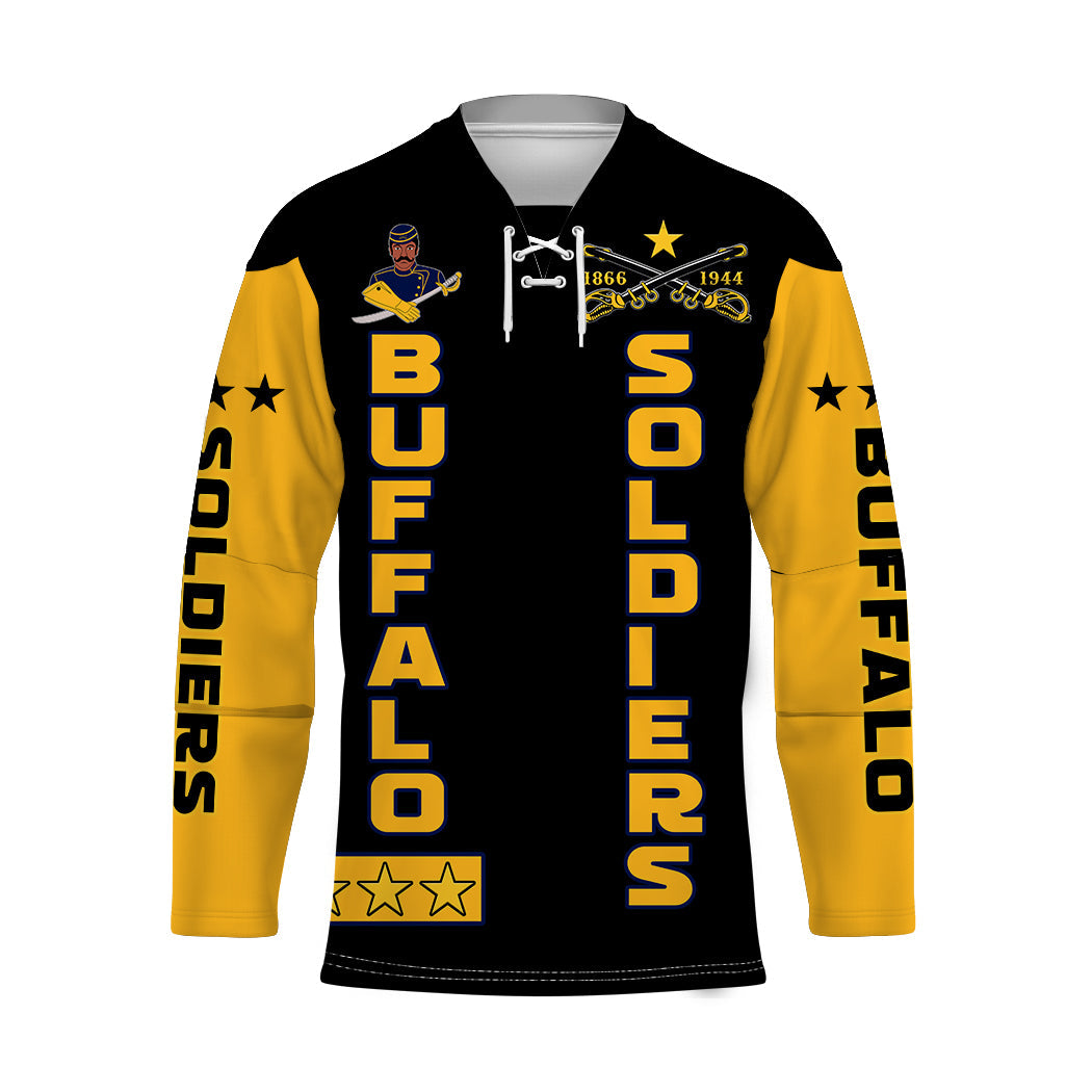 Black hockey jersey front, lace-up V-neck, BUFFALO SOLDIERS and BUFFALO word art