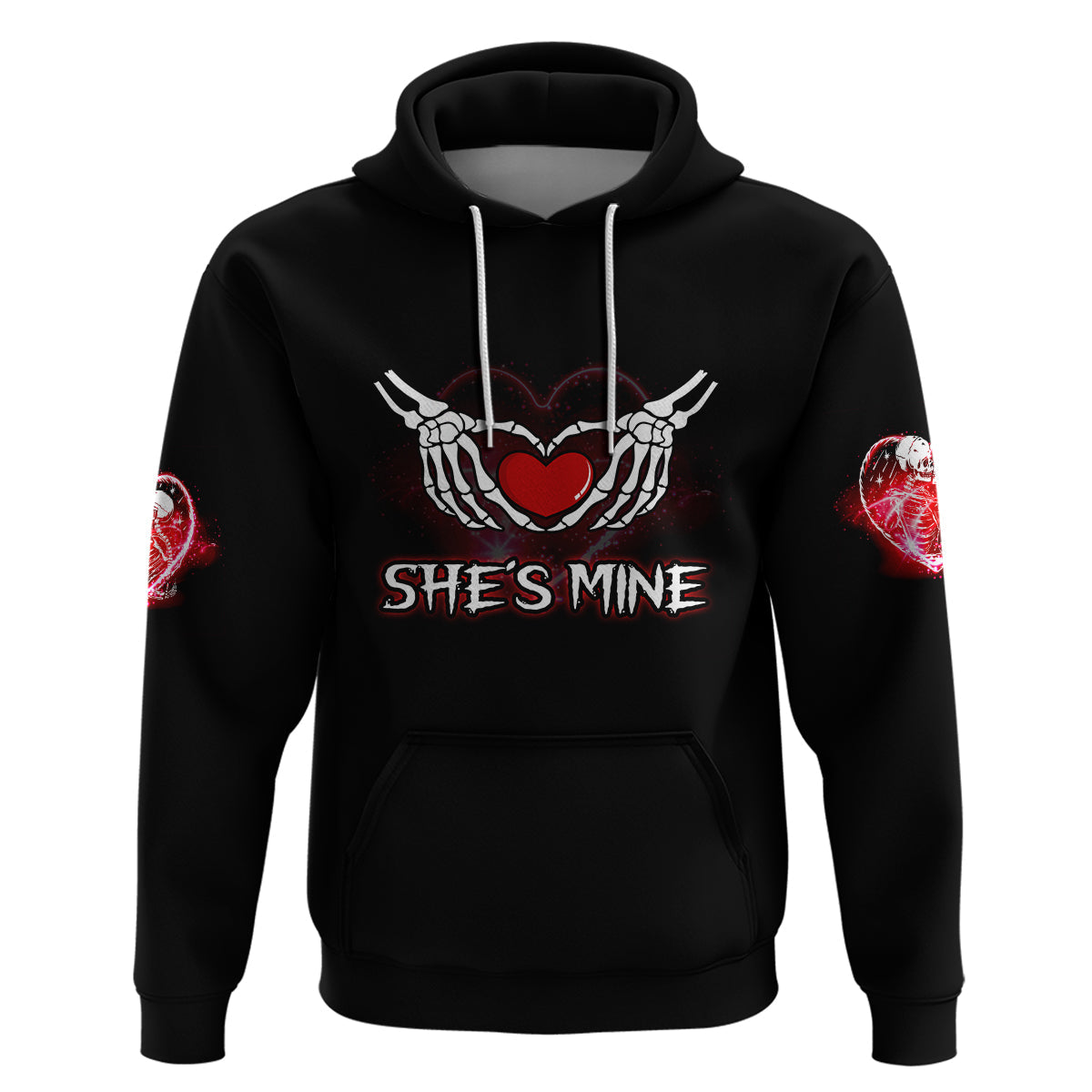 Black hoodie with ribcage heart skull hands graphic, 'She's Mine' front print