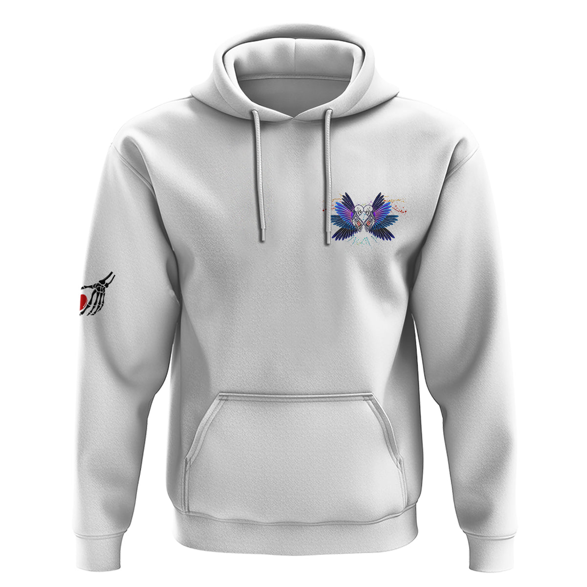White hoodie with front winged skull graphic, drawstring hood and kangaroo pocket