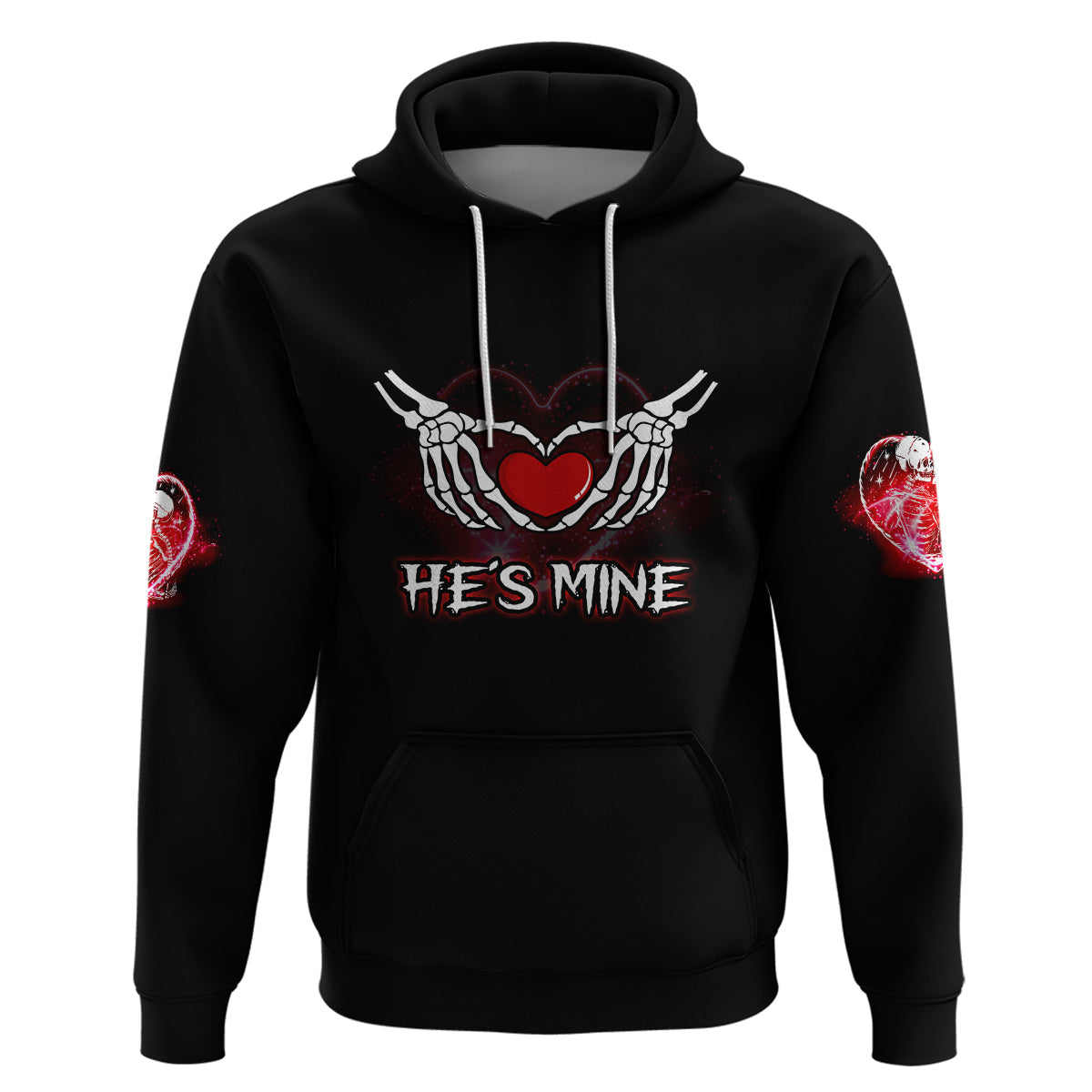 Black hoodie with ribcage heart skull hands graphic, 'He's Mine' front print