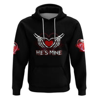 Black hoodie with ribcage heart skull hands graphic, 'He's Mine' front print