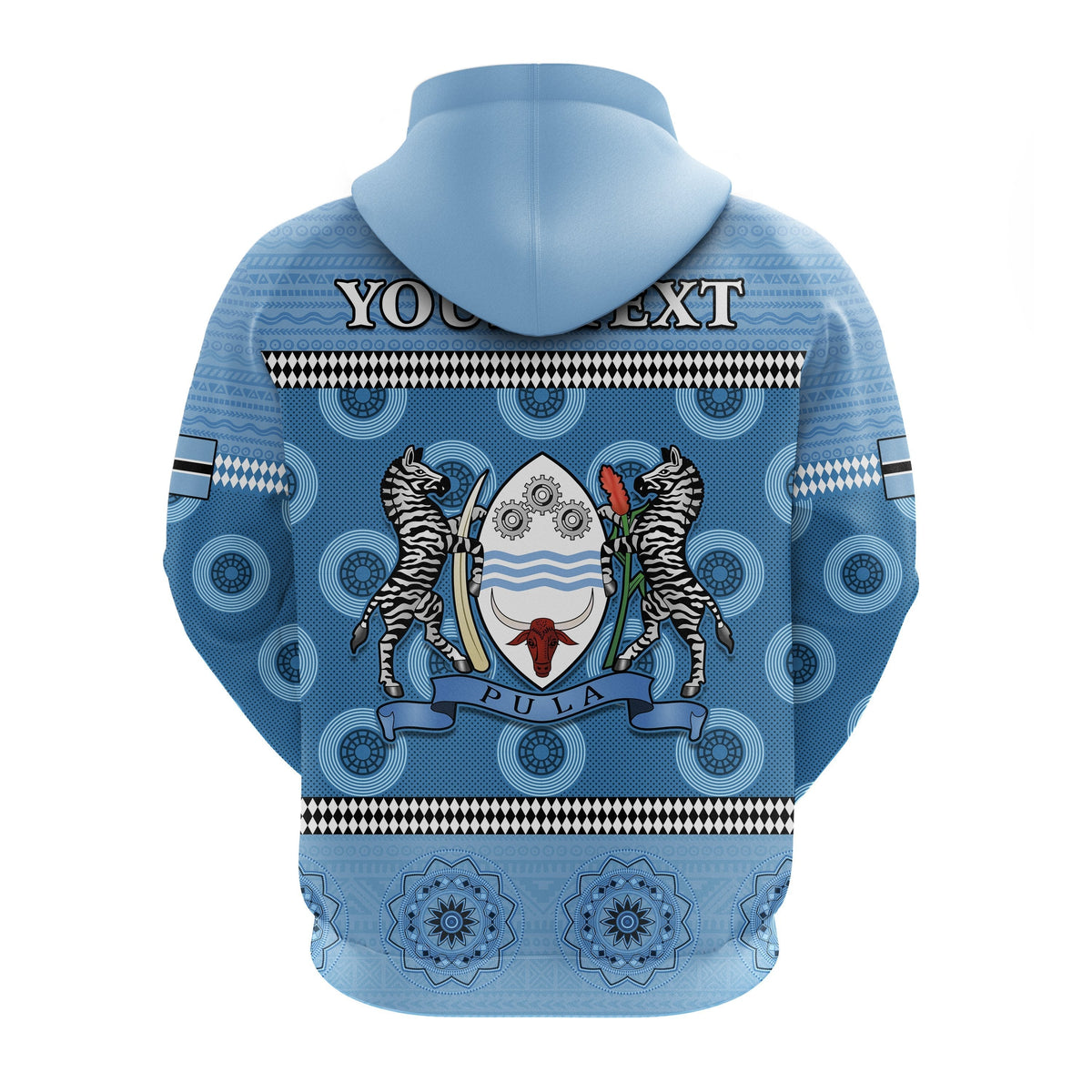 Blue zip hoodie back view with Botswana crest graphic and patterned stripes