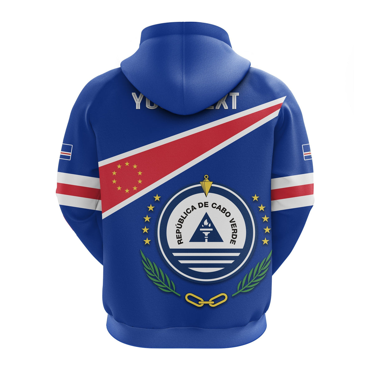 Rückansicht Hoodie Cape Verde: blaues Design mit Flaggenstreifen und rundem Wappen