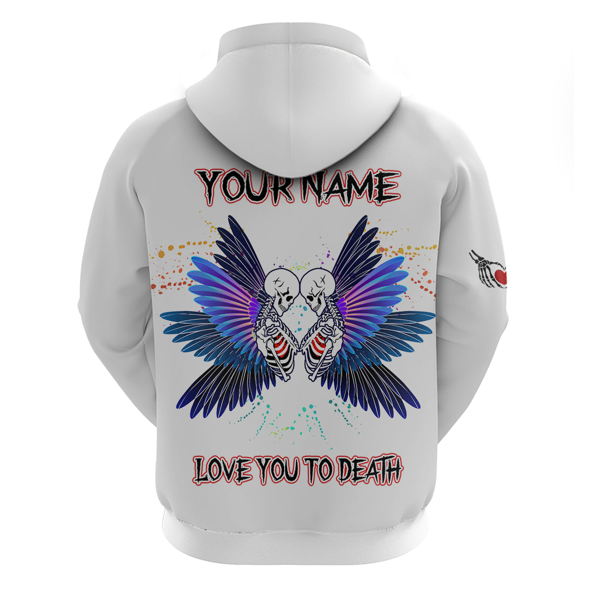 White back hoodie with 'YOURNAME' and 'LOVE YOU TO DEATH' text, winged skull print