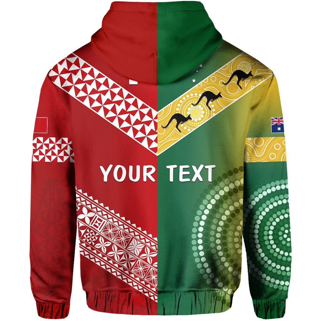 Red and green hoodie with 'YOUR TEXT' across the chest and tribal stripe patterns