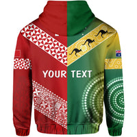 Red and green hoodie with 'YOUR TEXT' across the chest and tribal stripe patterns