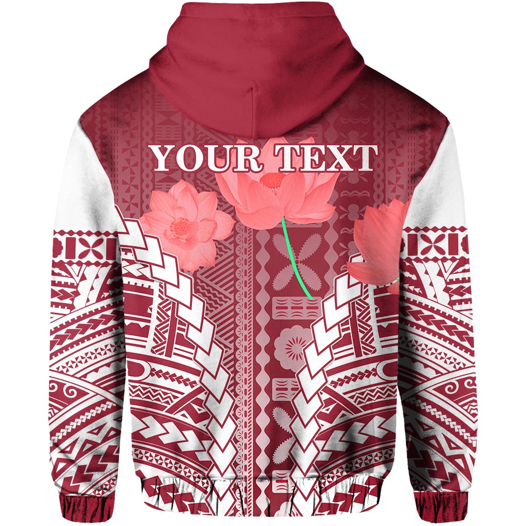 Zip hoodie back with maroon hood, 'YOUR TEXT' graphic, red floral and geometric pattern