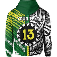 Green zip hoodie close-up front, 'YOUR TEXT' and large 13 in star circle