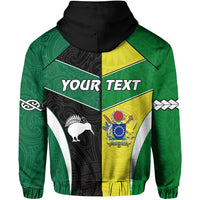Green zip hoodie back view with black 'YOUR TEXT' banner and crest artwork