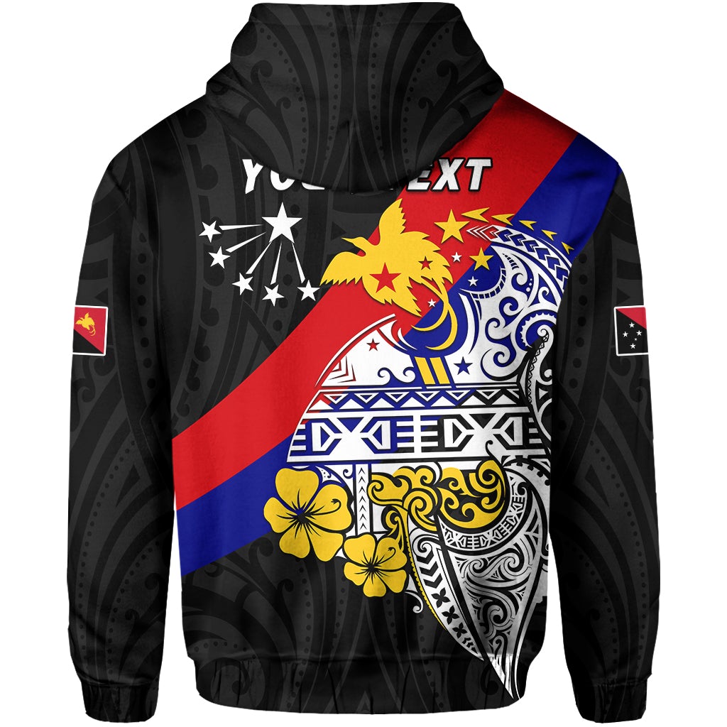 Black zip hoodie with hood and large chest graphic in red, blue, and yellow