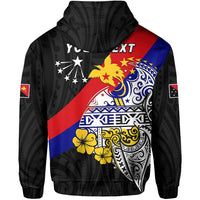 Black zip hoodie with hood and large chest graphic in red, blue, and yellow
