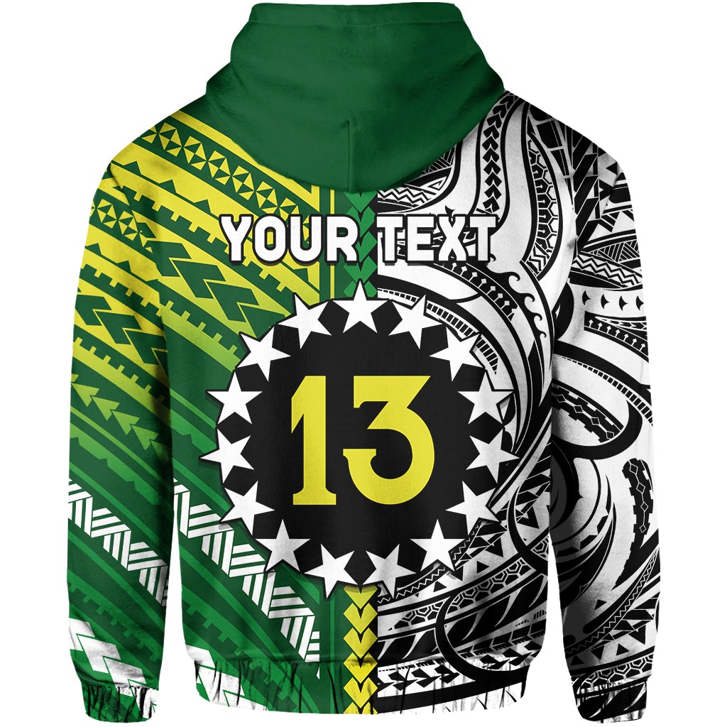 Green hoodie close-up: 'YOUR TEXT' banner and '13' star circle graphic on patterned fabric
