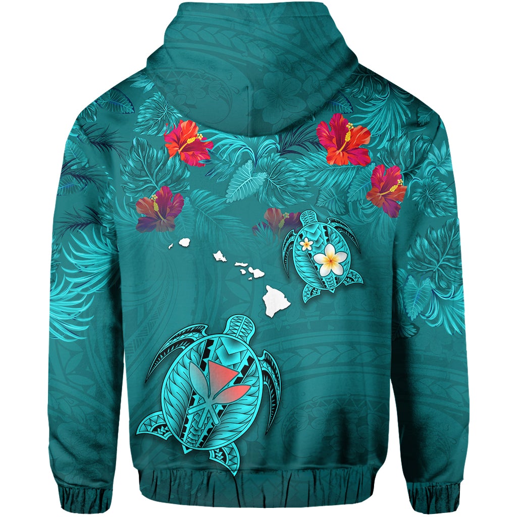 Custom Hawaiian Islands Hoodie Hawaii Tropical Flowers and Turtles Turquoise LT13 - Wonder Print Shop