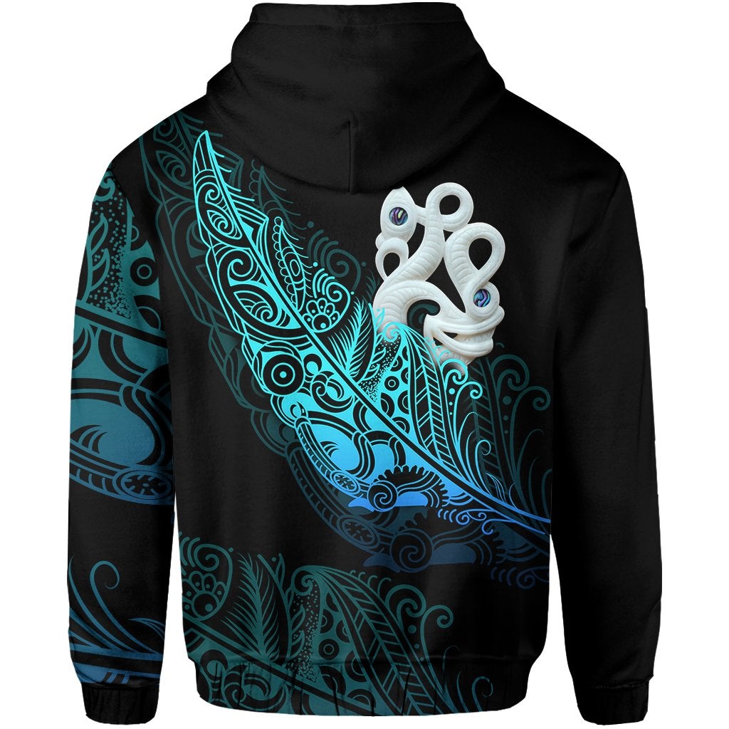 Black hoodie with teal-blue back graphic of manaia/matau fish and fern, full back