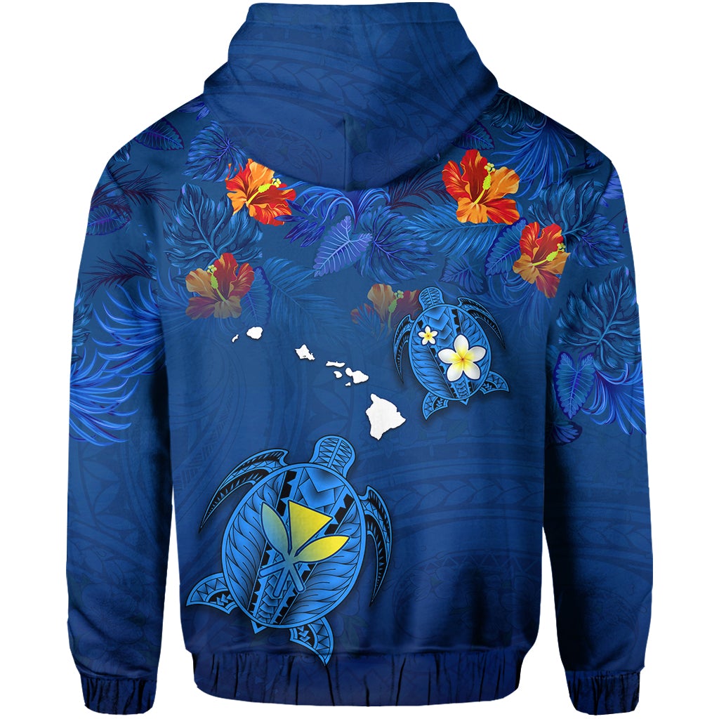 Custom Hawaiian Islands Zip Hoodie Hawaii Tropical Flowers and Turtles Blue LT13 - Wonder Print Shop