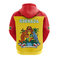 Back hoodie with red hood, yellow body, GRENADA lettering, and coat of arms graphic