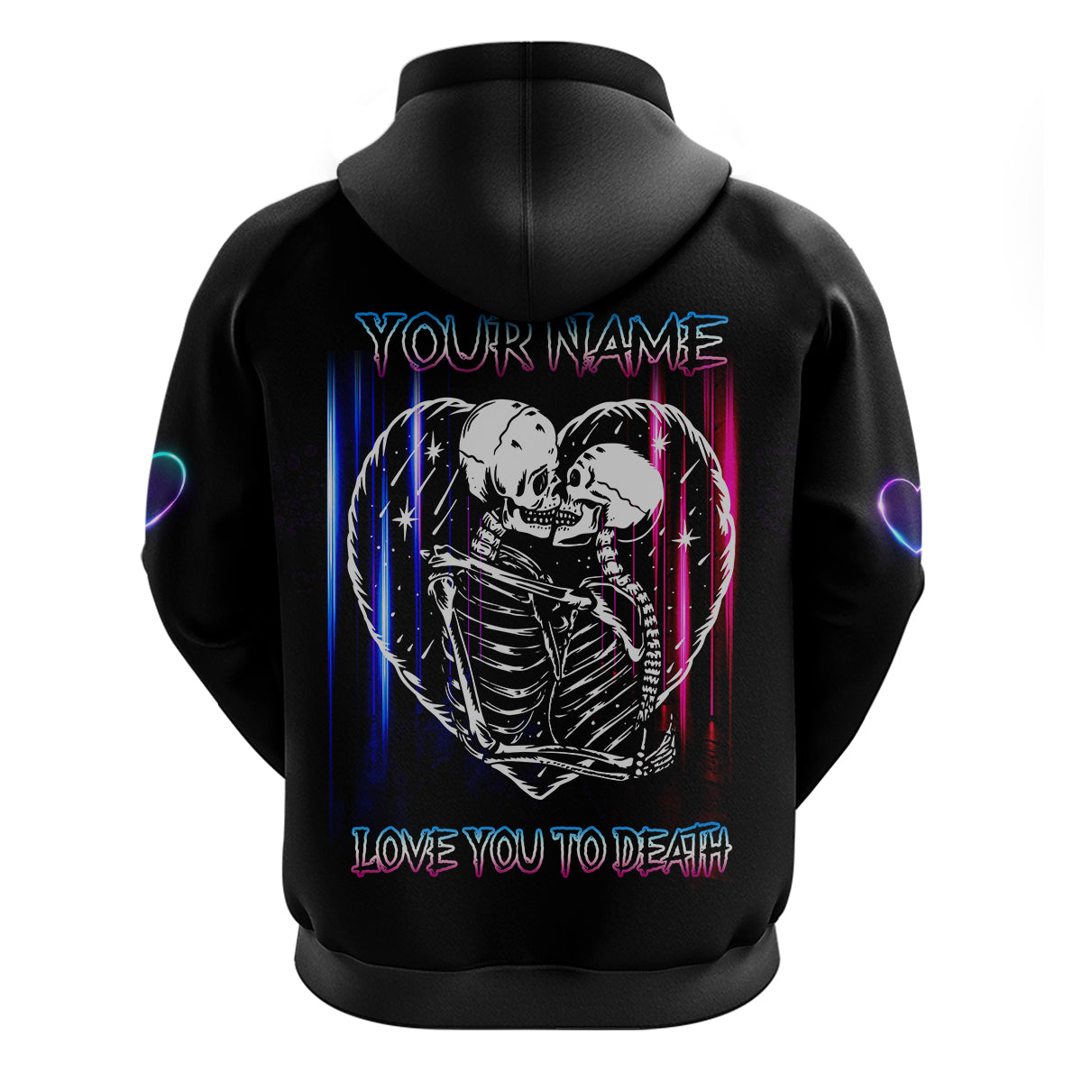 Black hoodie with neon back graphic of hugging skeletons in a heart; hood pouch pocket
