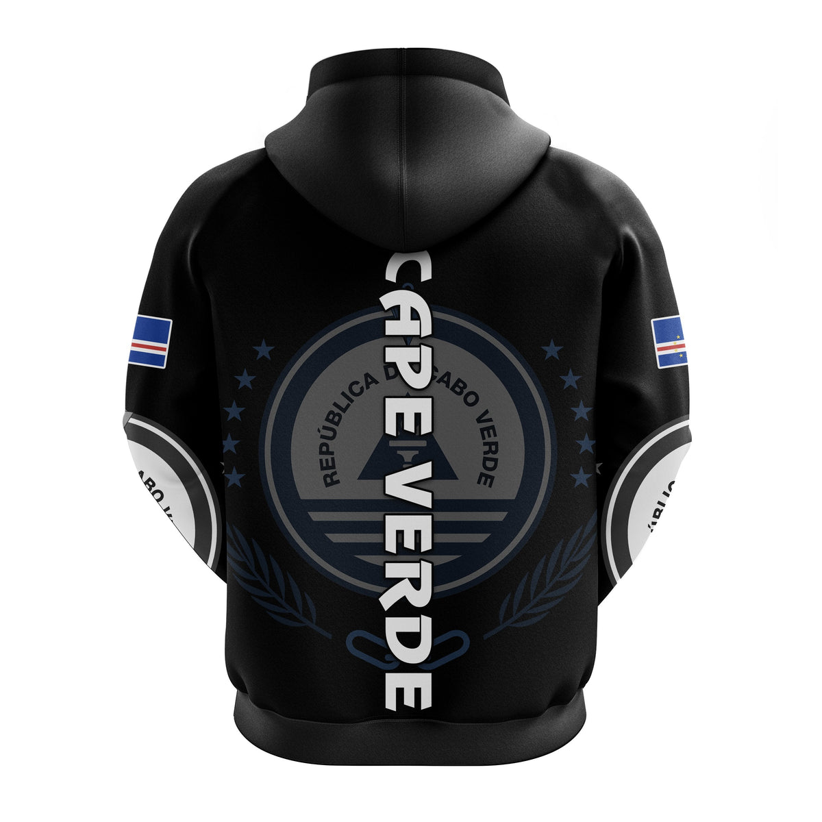 Black hoodie back view with vertical “CABO VERDE” text and Cape Verde crest graphic