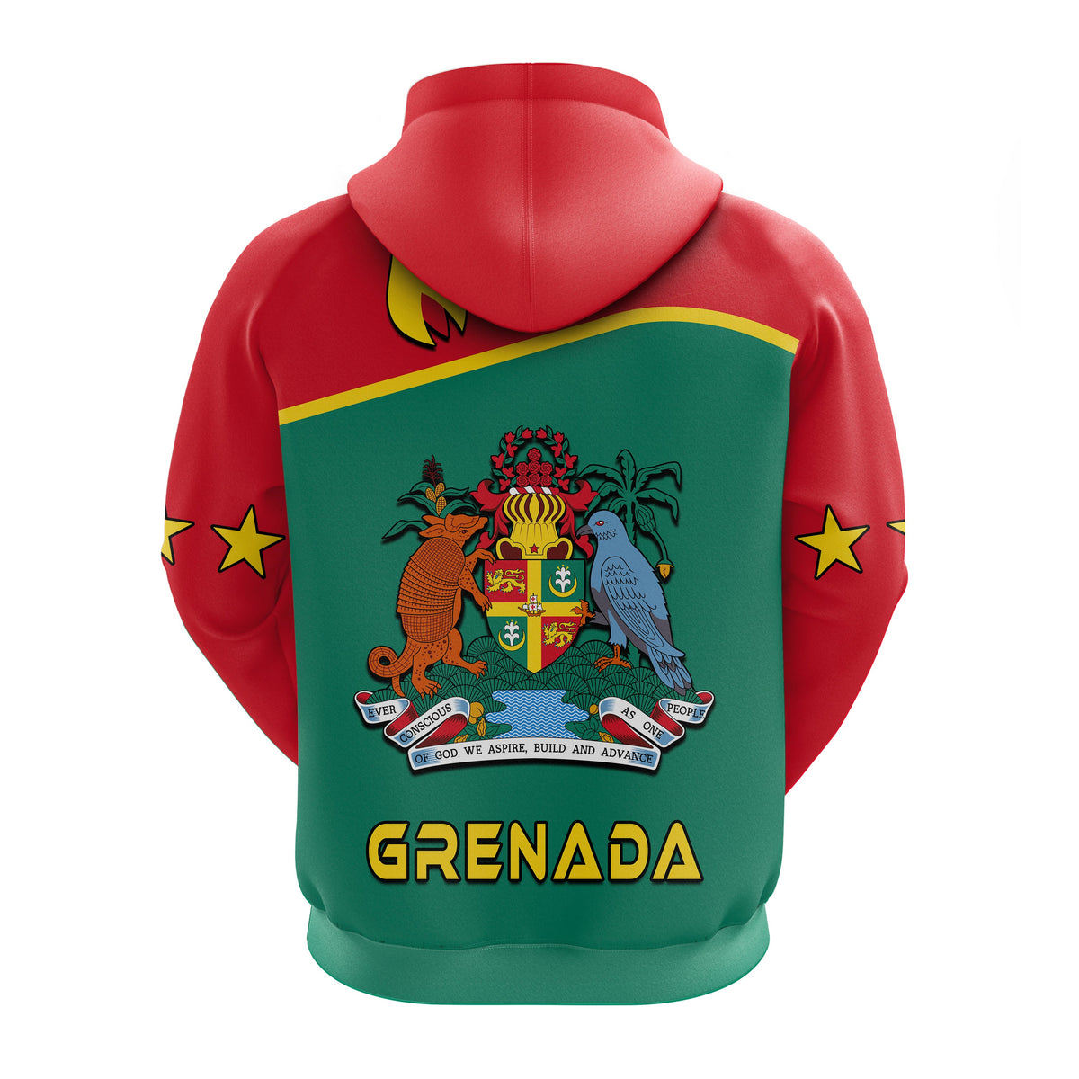 Grenada pullover hoodie back view, green center with coat of arms and GRENADA text
