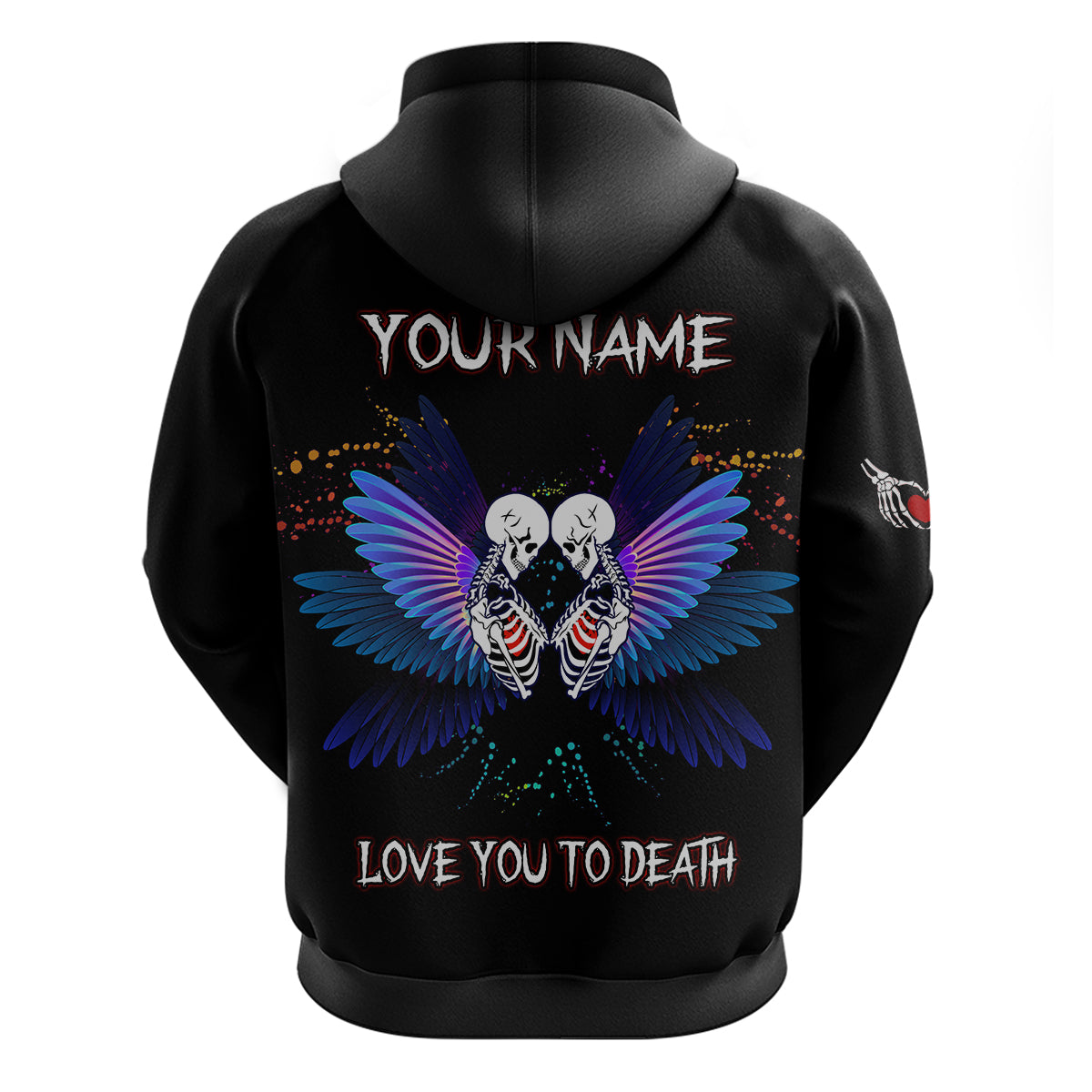 Black hoodie back graphic with winged skulls and text 'YOUR NAME' 'LOVE YOU TO DEATH'