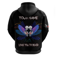 Black hoodie back graphic with winged skulls and text 'YOUR NAME' 'LOVE YOU TO DEATH'