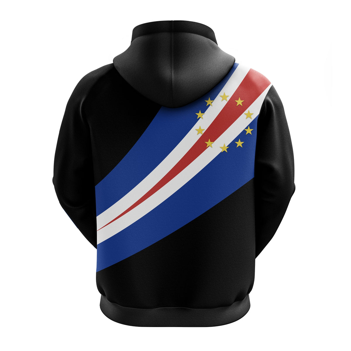 Schwarzer Hoodie mit Cape-Verde-Flaggen-Diagonalprint auf der Rückseite, Kapuze mit Kordeln