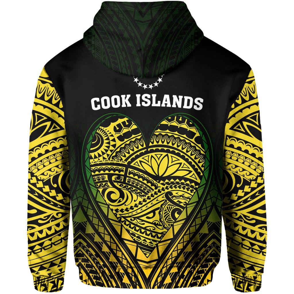 Black hoodie with green and yellow Polynesian heart; “COOK ISLANDS” on chest